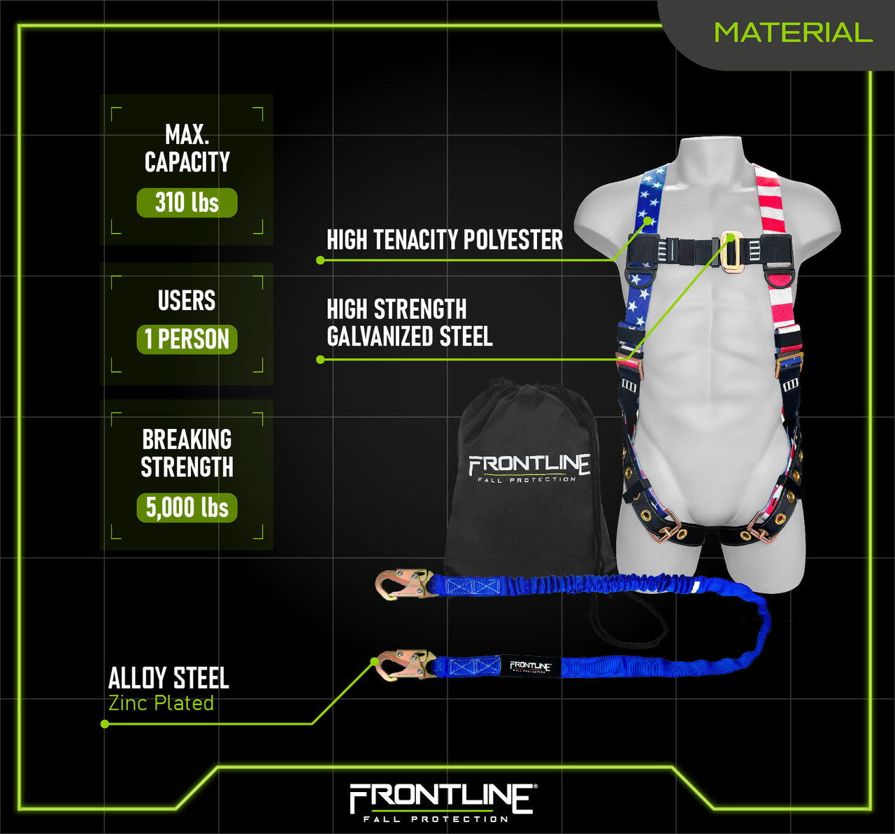 Frontline K100-61S-AM Combat American Style Compliance Kit - Harness, 6' Single Leg Lanyard and Drawstring Bag