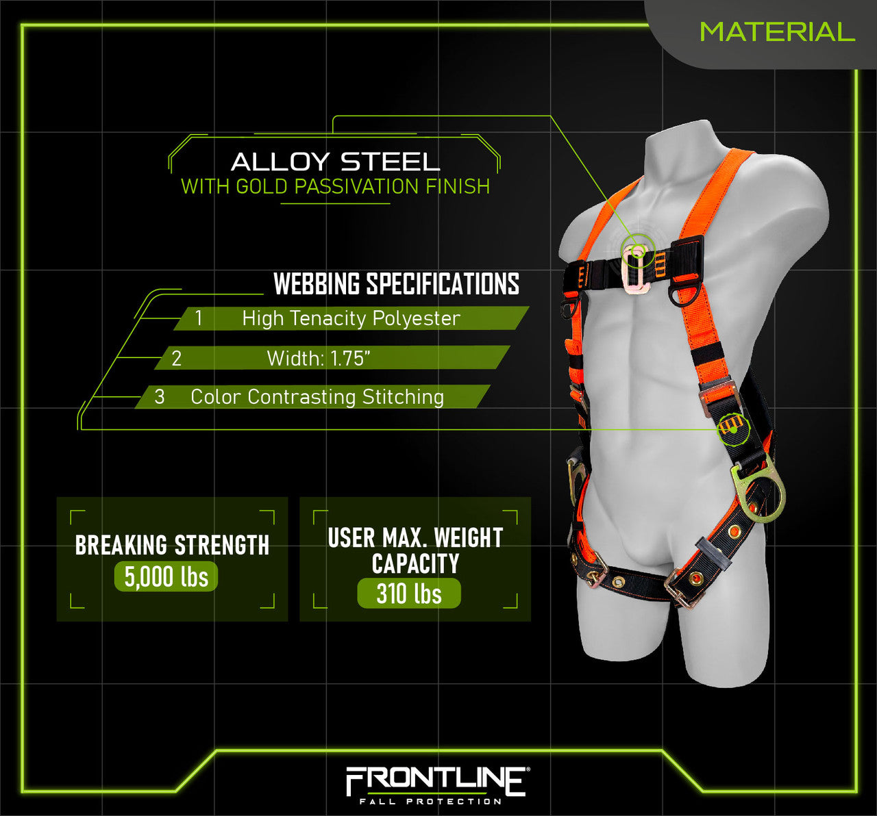 Frontline 100VTB-UN-3D Combat Economy Series Full Body Harness with Tongue Buckle Legs (Uni) - 3D Rings