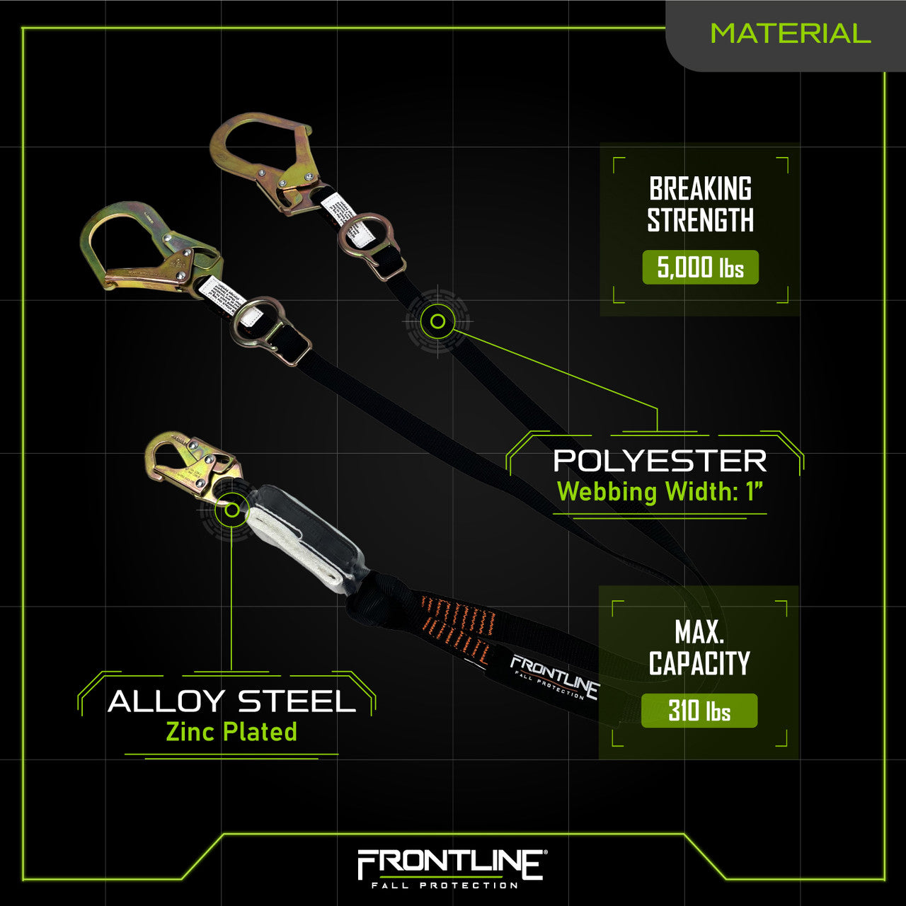 Frontline LPO62RADJ Combat 6' Tie-Back Double Leg Shock Absorbing Lanyard with Rebar Hooks
