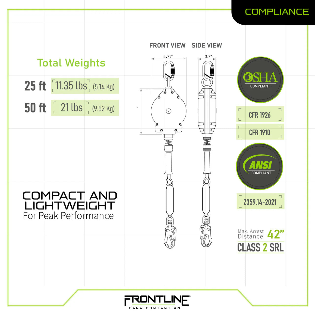 Frontline RPGLE Leading Edge Cable Single Leg SRL with Steel Snap Hook End (Class 2)
