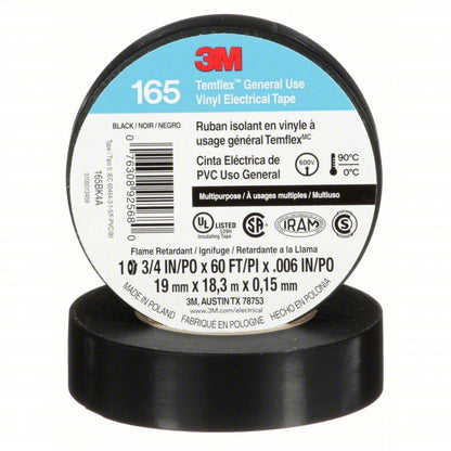 3M 405-076308-92568 Temflex™ 165 Black Vinyl Electrical Tape, 3/4 in x 60 ft — 10 Rolls/Pack