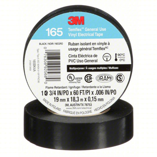 3M 405-076308-92568 Temflex™ 165 Black Vinyl Electrical Tape, 3/4 in x 60 ft — 10 Rolls/Pack