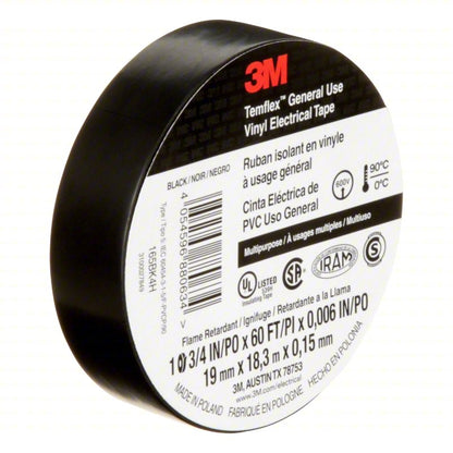 3M 405-076308-92568 Temflex™ 165 Black Vinyl Electrical Tape, 3/4 in x 60 ft — 10 Rolls/Pack