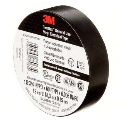 3M 405-076308-92568 Temflex™ 165 Black Vinyl Electrical Tape, 3/4 in x 60 ft — 10 Rolls/Pack