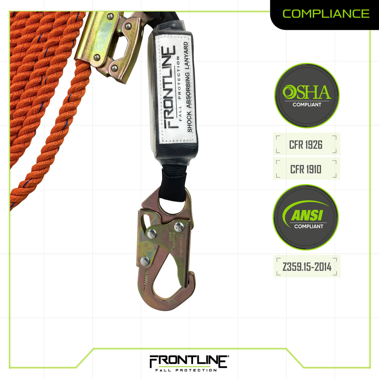 Frontline VLPR3L Premium Vertical Lifeline with Self-Tracking Manual Rope Grab and Shock Pack