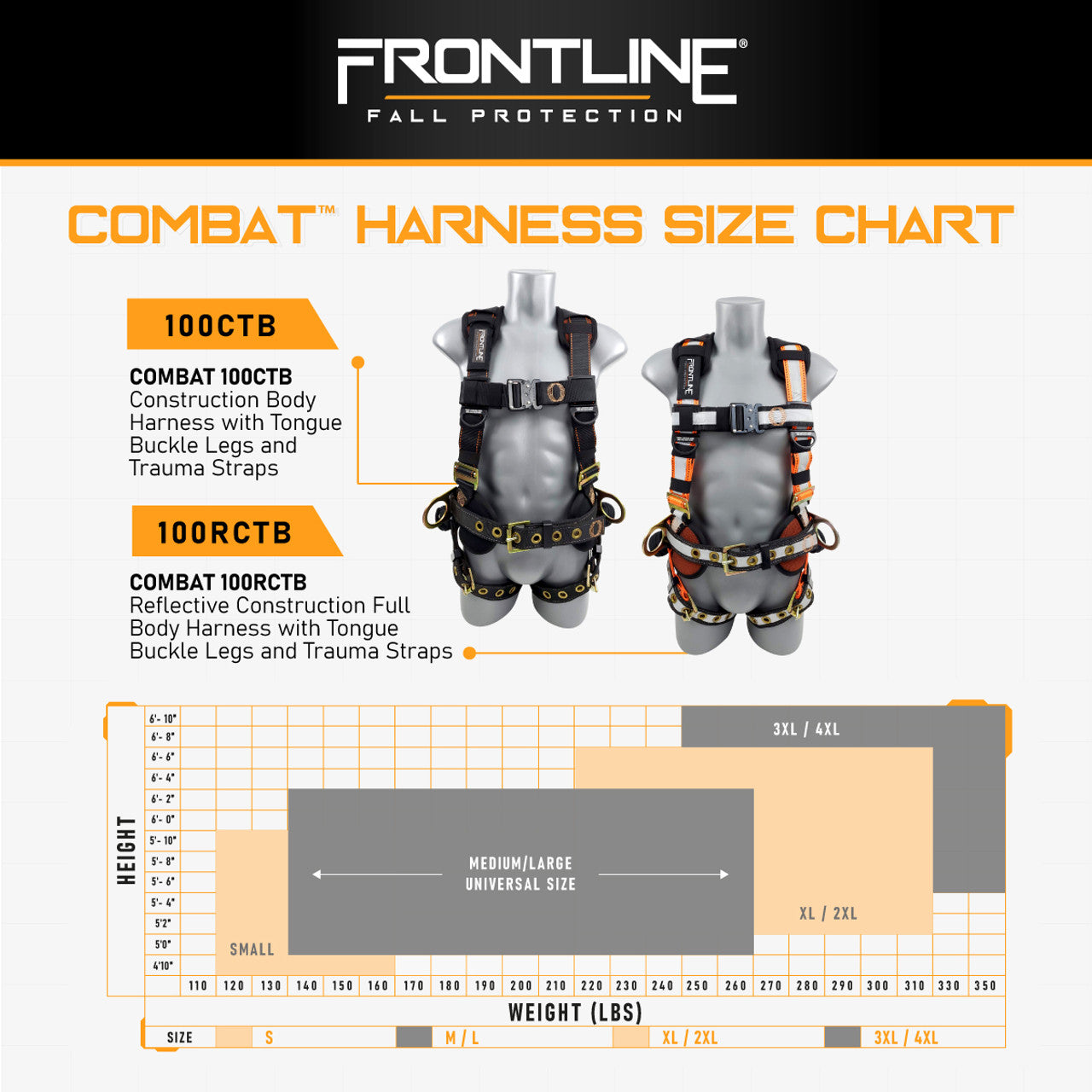 Frontline 100CTB Combat Construction Full Body Harness with Tongue Buckle Legs and Trauma Straps