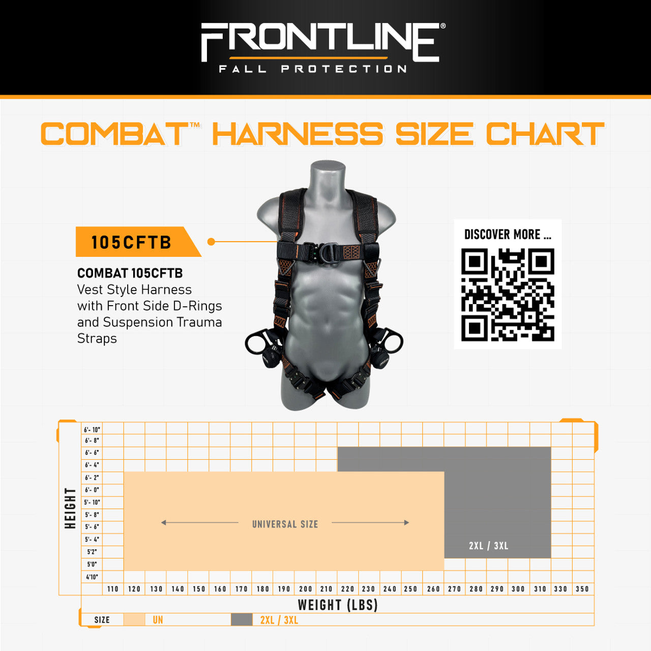 Frontline 105CFTB Combat Vest Style Harness with Front Side D-Rings and Suspension Trauma Straps