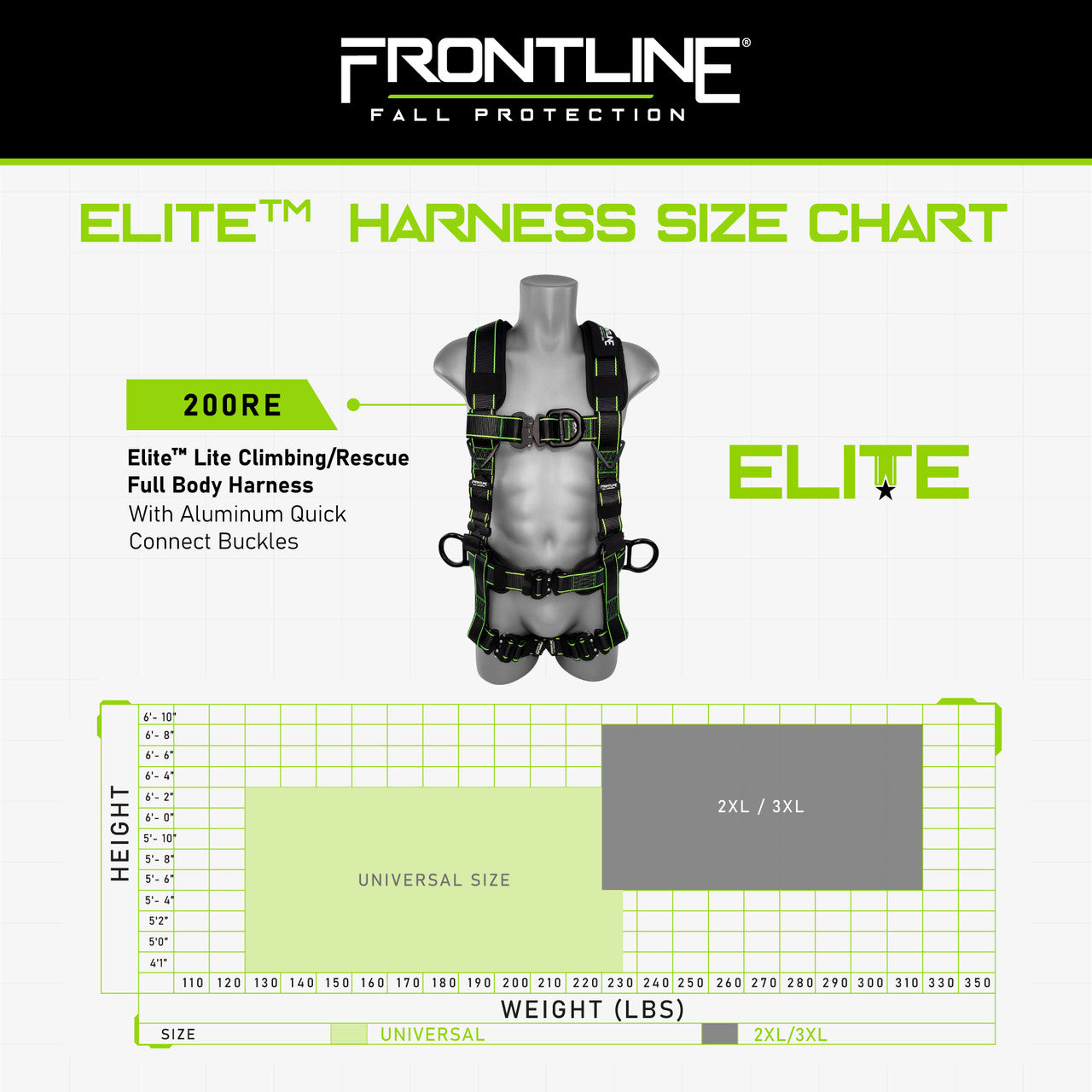 Frontline 200RE Elite Lite Climbing/Rescue Full Body Harness with Aluminum Quick Connect Buckles