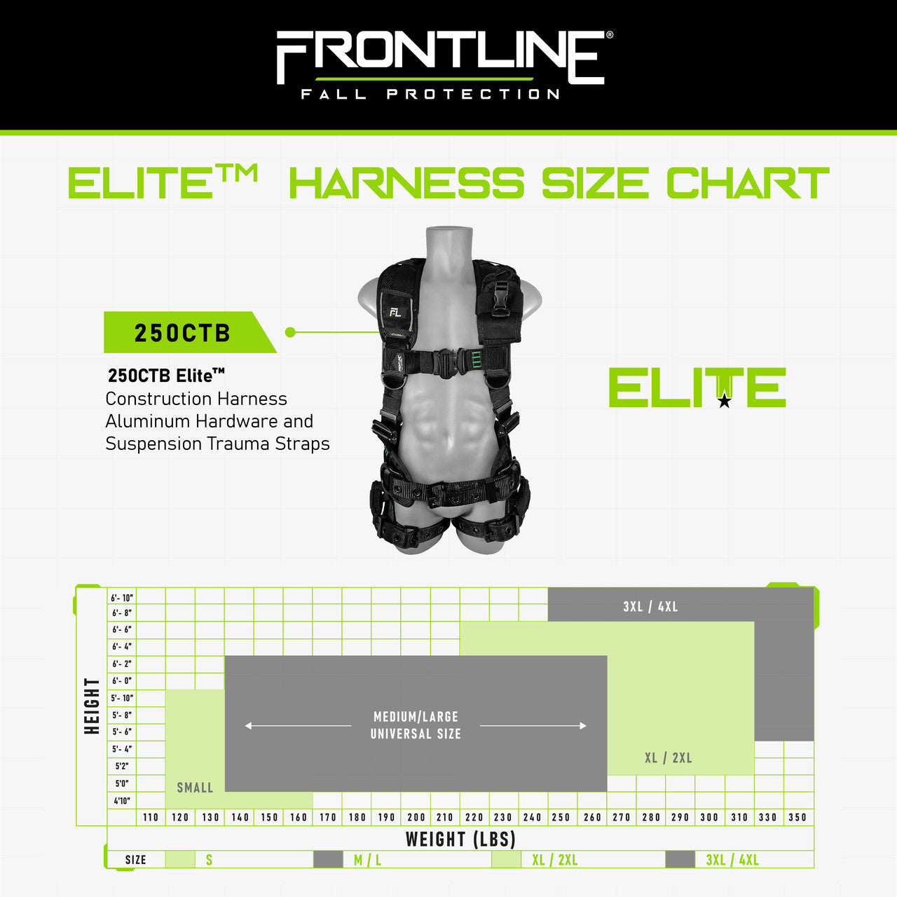 Frontline 250CTB Elite Construction Harness Aluminum Hardware and Suspension Trauma Straps