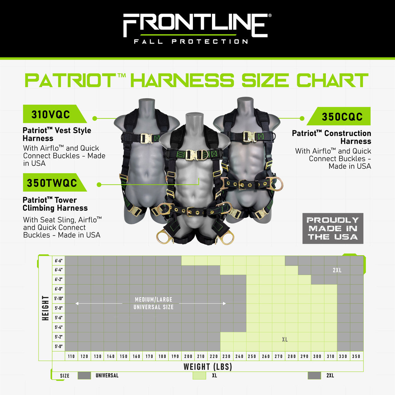 Frontline 350TWQC Patriot Tower Climbing Harness with Seat Sling, Airflo and Quick Connect Buckles - Made in USA