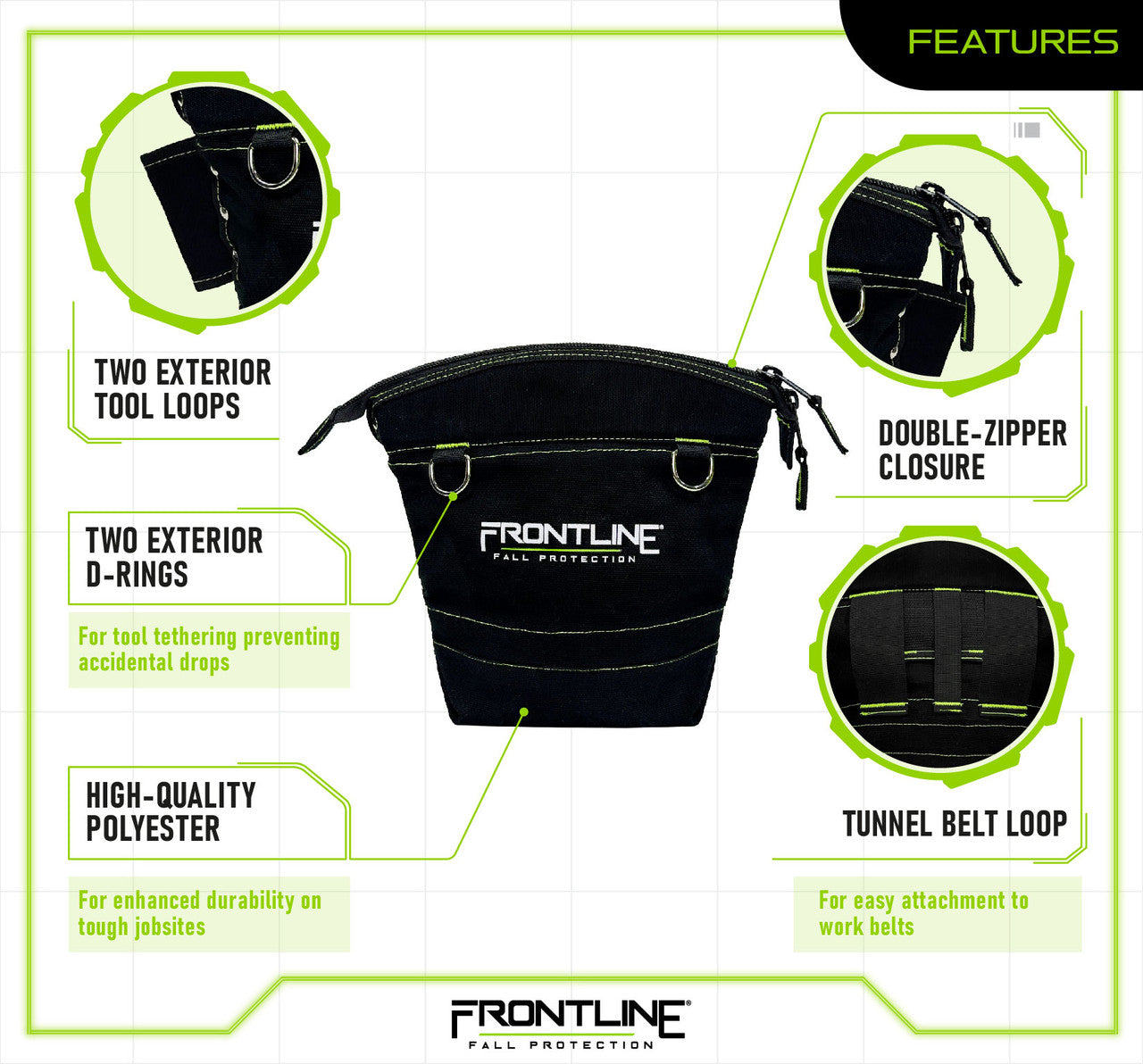 Frontline TP10 10 lbs ToolGrip Tool Pouch with Tool D-Rings, Tool Slots and Zipper Closure