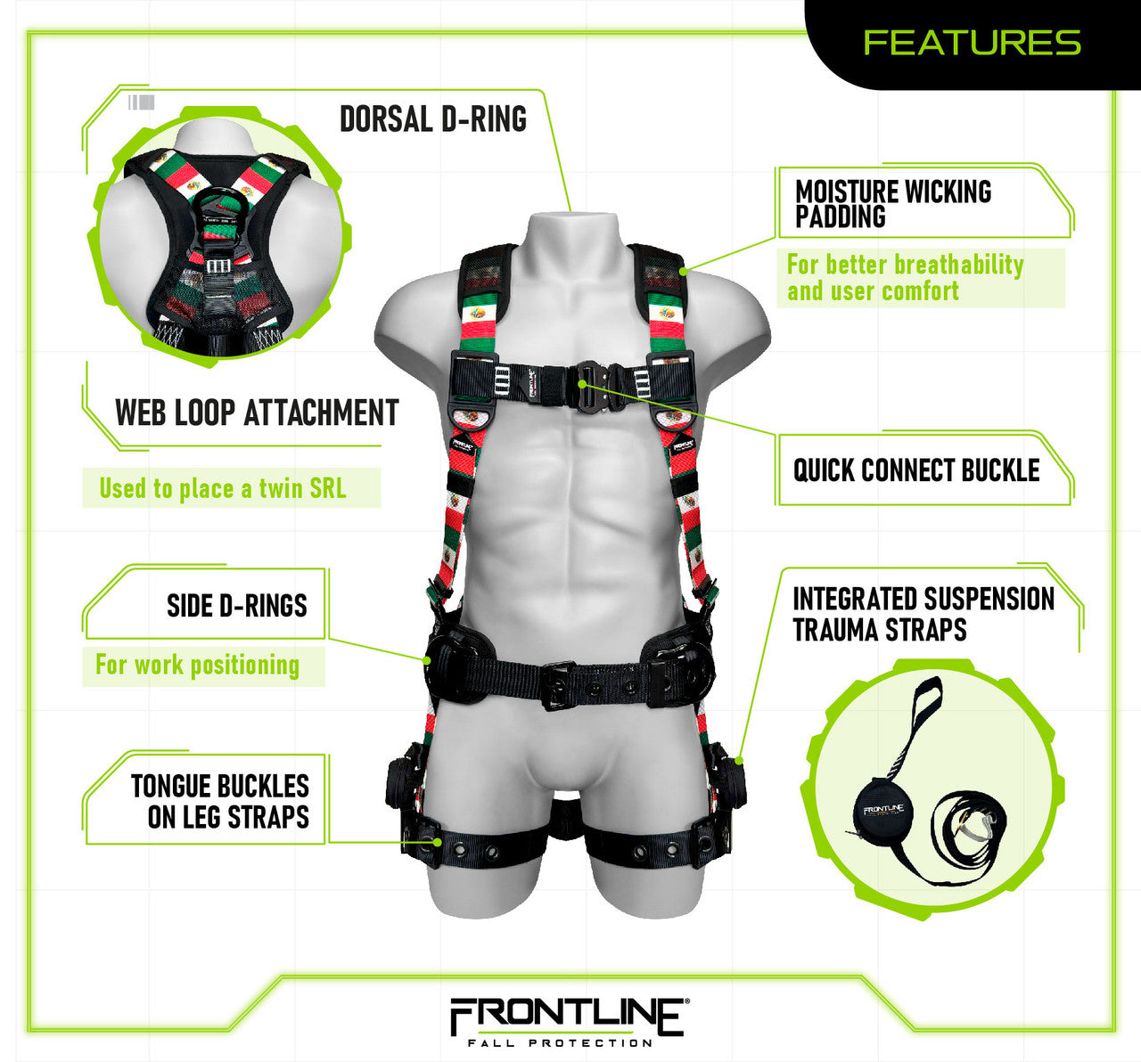 Frontline 110CTB-MX Combat Mexican Style Full Body Harness with Aluminum Hardware and Suspension Trauma Straps