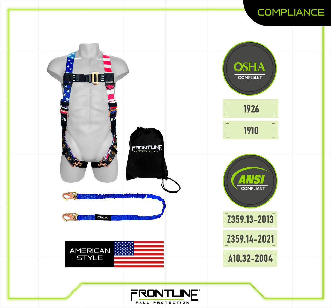 Frontline K100-61S-AM Combat American Style Compliance Kit - Harness, 6' Single Leg Lanyard and Drawstring Bag