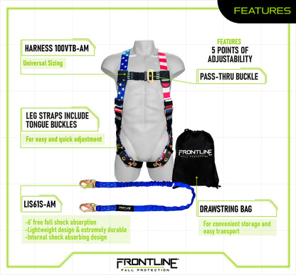 Frontline K100-61S-AM Combat American Style Compliance Kit - Harness, 6' Single Leg Lanyard and Drawstring Bag