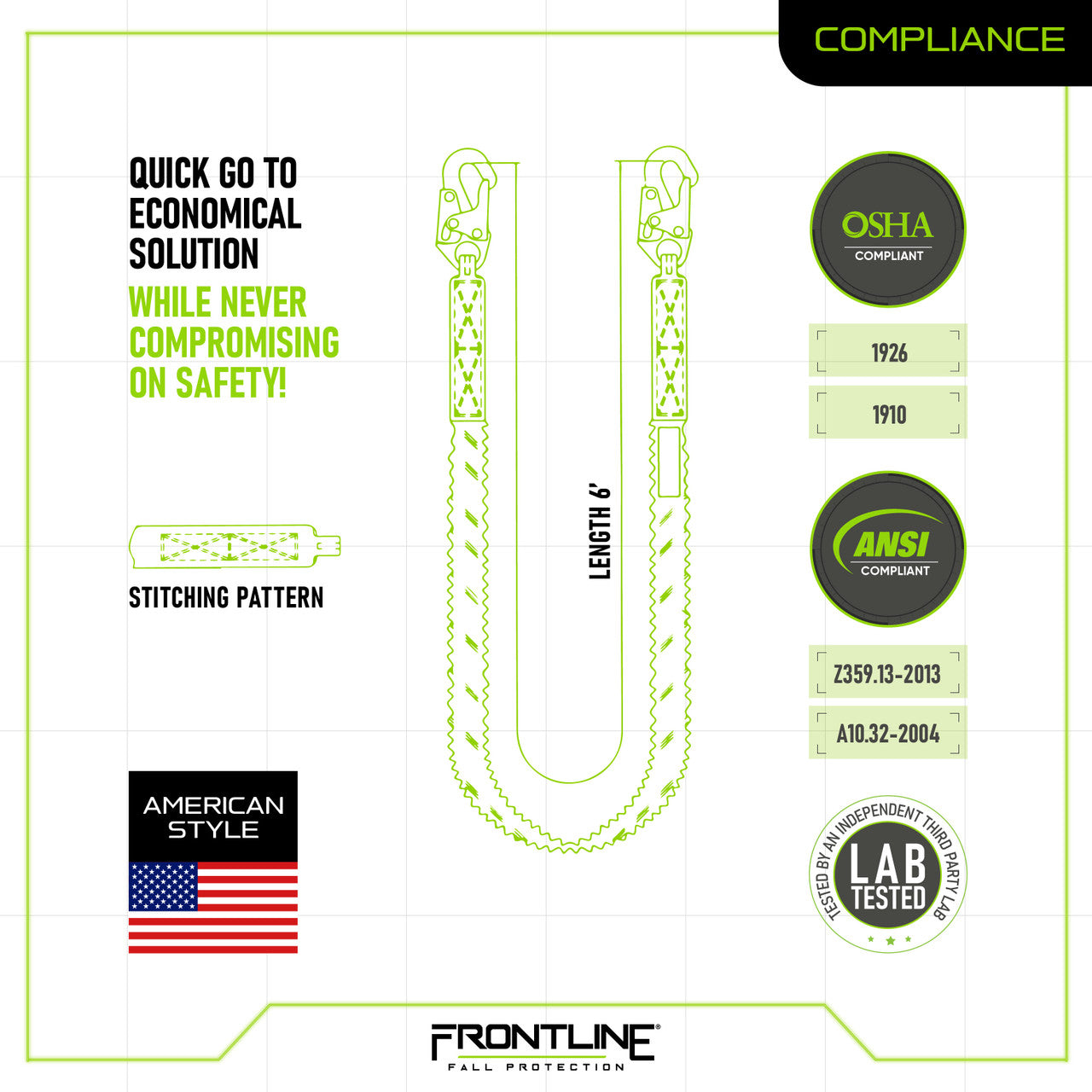 Frontline LIS61S-AM Combat American Style Single Leg 6' Snaphook Lanyard with Internal Shock Absorber