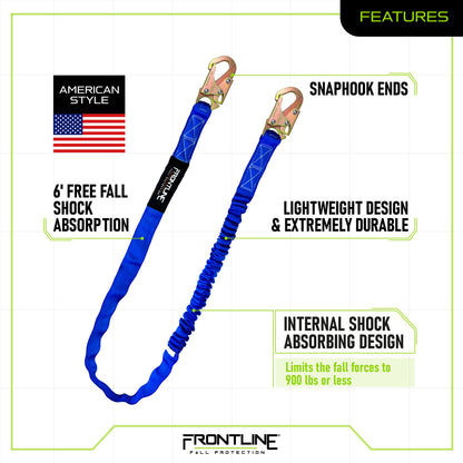 Frontline LIS61S-AM Combat American Style Single Leg 6' Snaphook Lanyard with Internal Shock Absorber