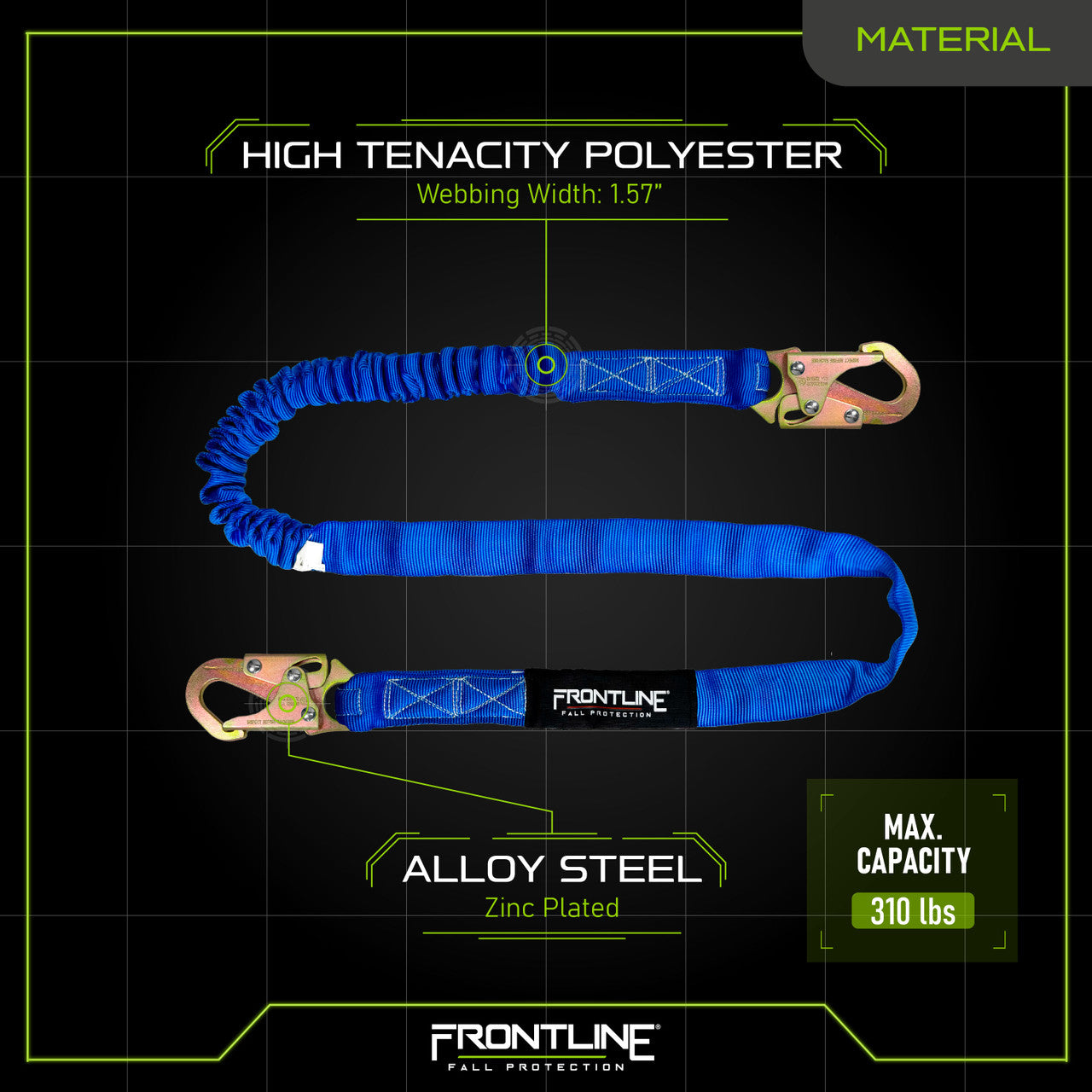 Frontline LIS61S-AM Combat American Style Single Leg 6' Snaphook Lanyard with Internal Shock Absorber