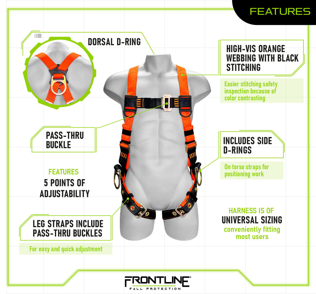 Frontline 100VTB-UN-3D Combat Economy Series Full Body Harness with Tongue Buckle Legs (Uni) - 3D Rings