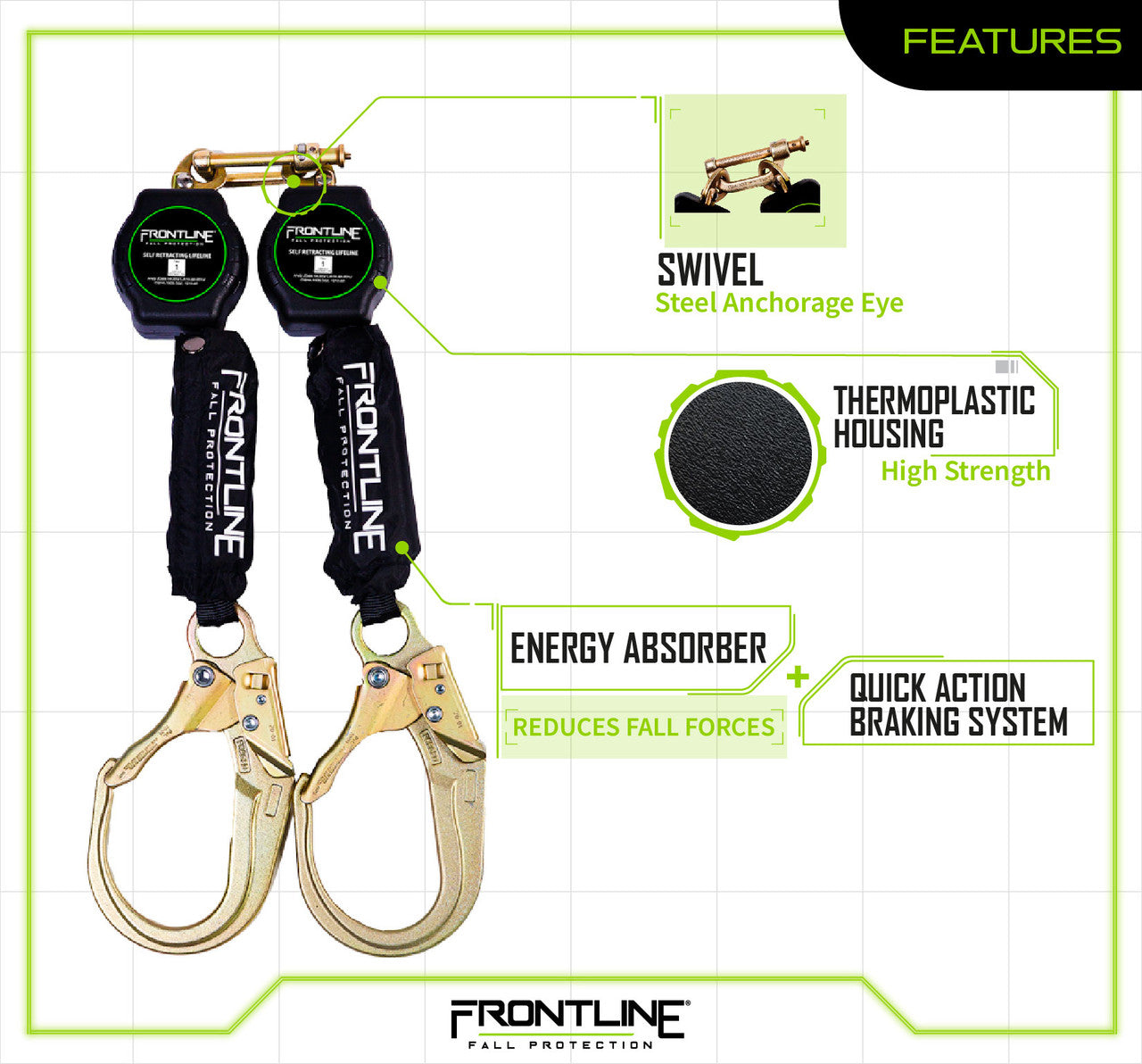 Frontline RPA062R Aramid Fiber Web Twin Leg 6' SRL with Steel Rebar Hook Ends (Class 1)