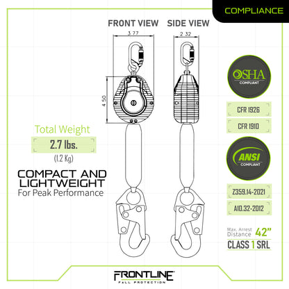 Frontline RPW061S Web Single Leg 6' SRL with Steel Snap Hook End