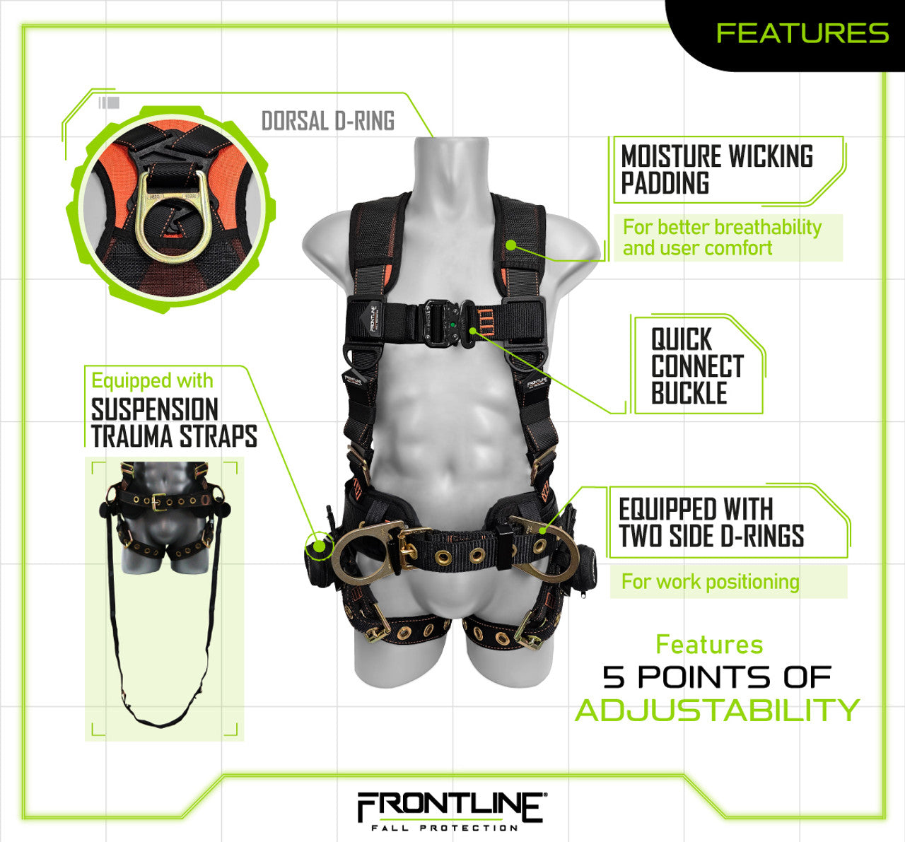 Frontline 100CTB Combat Construction Full Body Harness with Tongue Buckle Legs and Trauma Straps