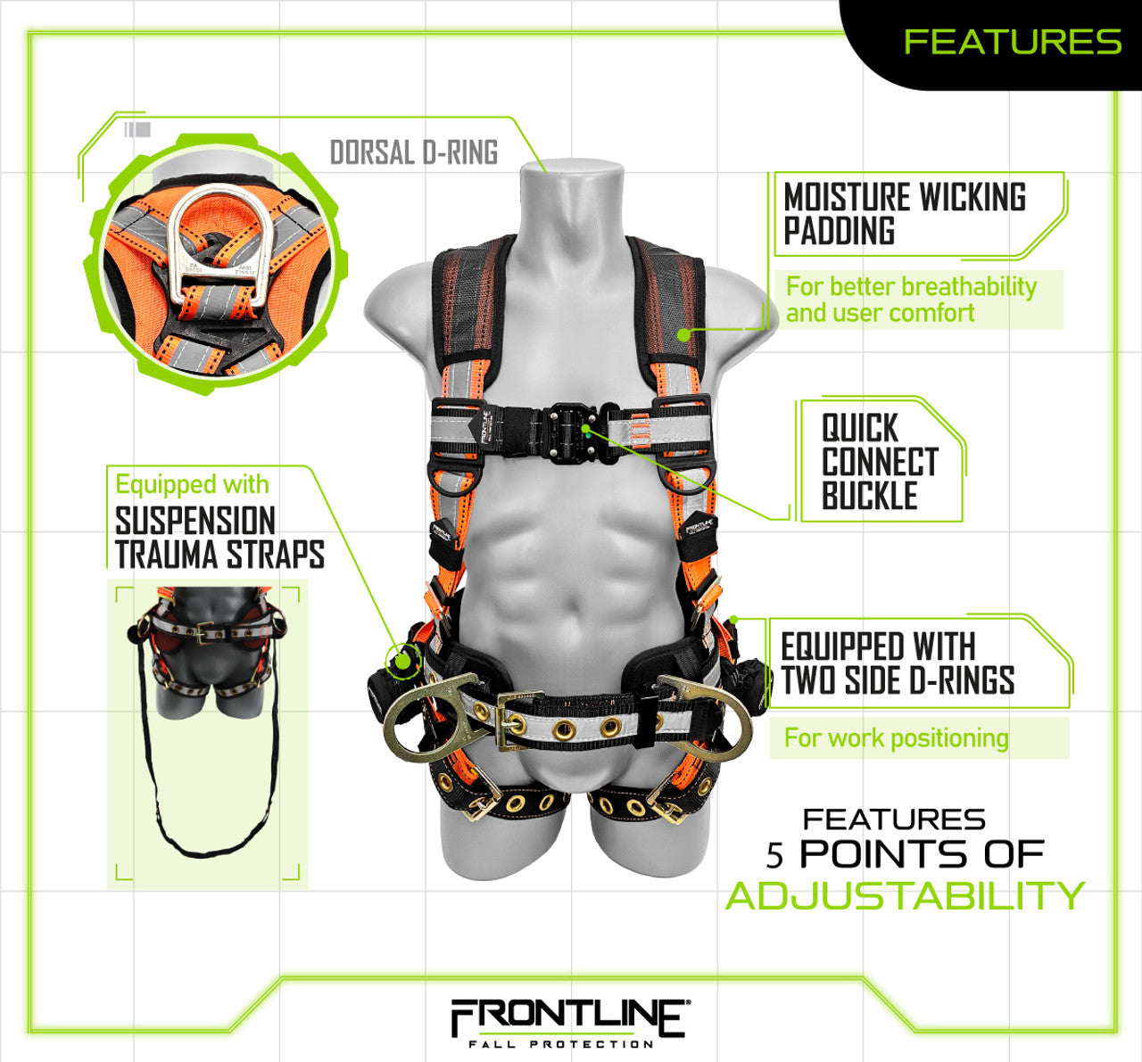 Frontline 100RCTB Combat Reflective Construction Full Body Harness with Tongue Buckle Legs and Trauma Straps