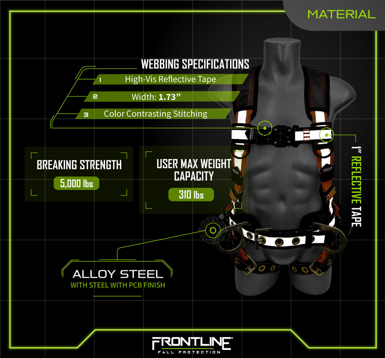 Frontline 100RCTB Combat Reflective Construction Full Body Harness with Tongue Buckle Legs and Trauma Straps
