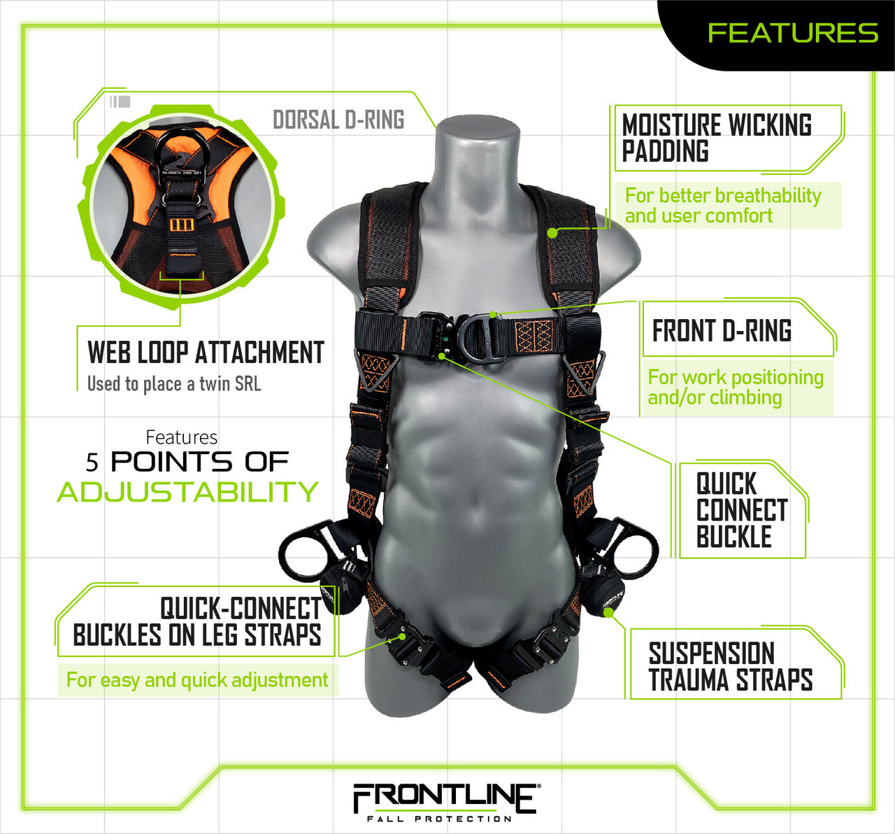 Frontline 105CFTB Combat Vest Style Harness with Front Side D-Rings and Suspension Trauma Straps