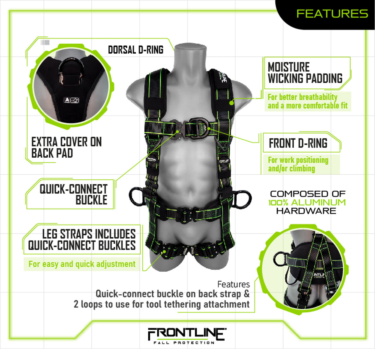 Frontline 200RE Elite Lite Climbing/Rescue Full Body Harness with Aluminum Quick Connect Buckles