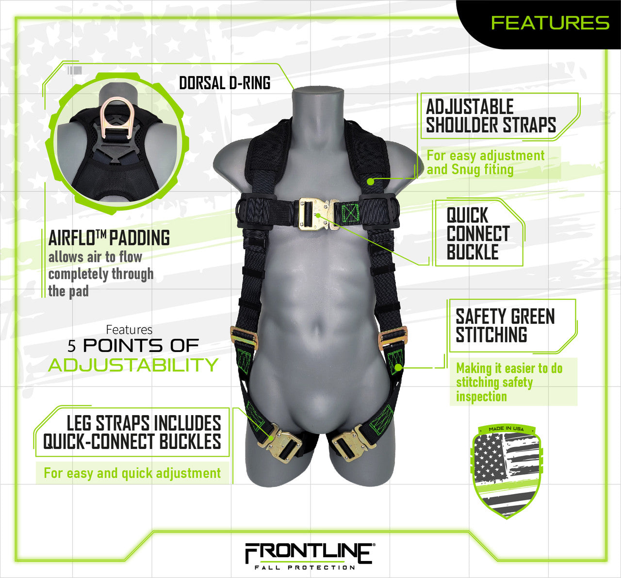 Frontline 310VQC Patriot Vest Style Harness with Airflo and Quick Connect Buckles - Made in USA