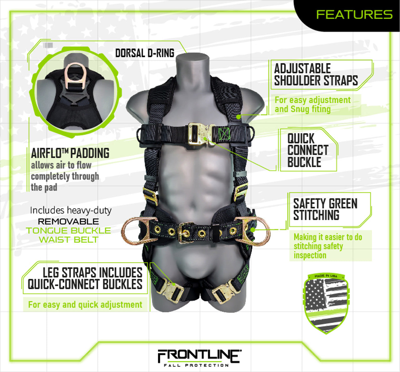 Frontline 350CQC Patriot Construction Harness with Airflo and Quick Connect Buckles - Made in USA
