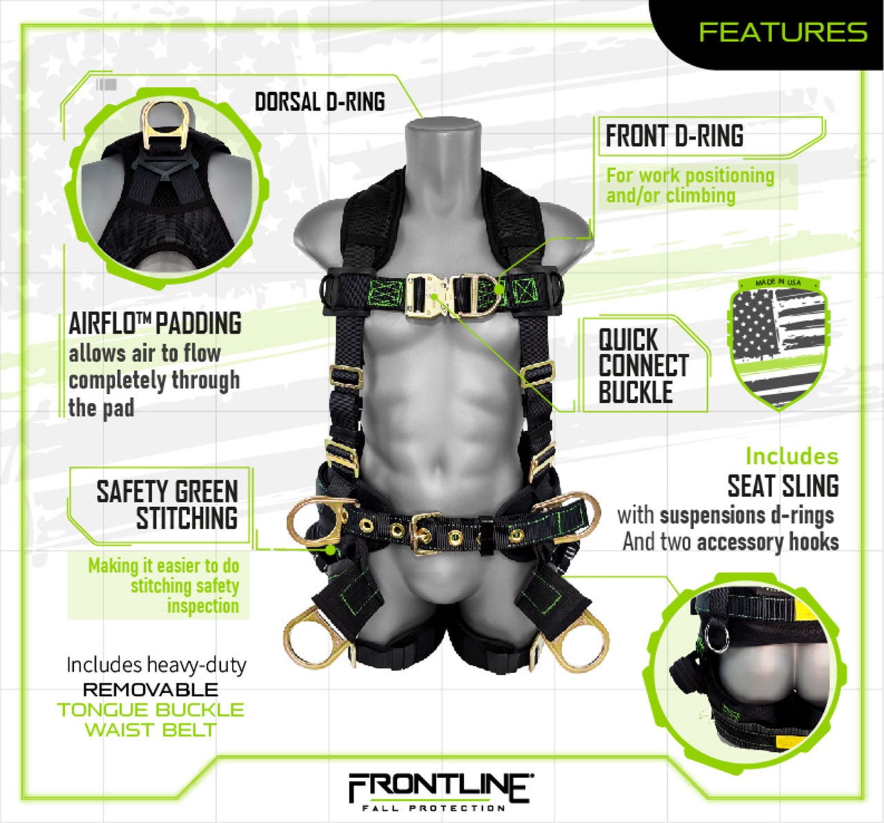 Frontline 350TWQC Patriot Tower Climbing Harness with Seat Sling, Airflo and Quick Connect Buckles - Made in USA