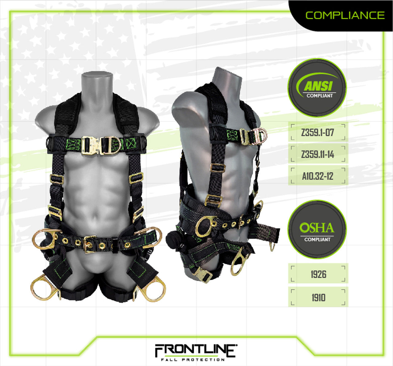 Frontline 350TWQC Patriot Tower Climbing Harness with Seat Sling, Airflo and Quick Connect Buckles - Made in USA