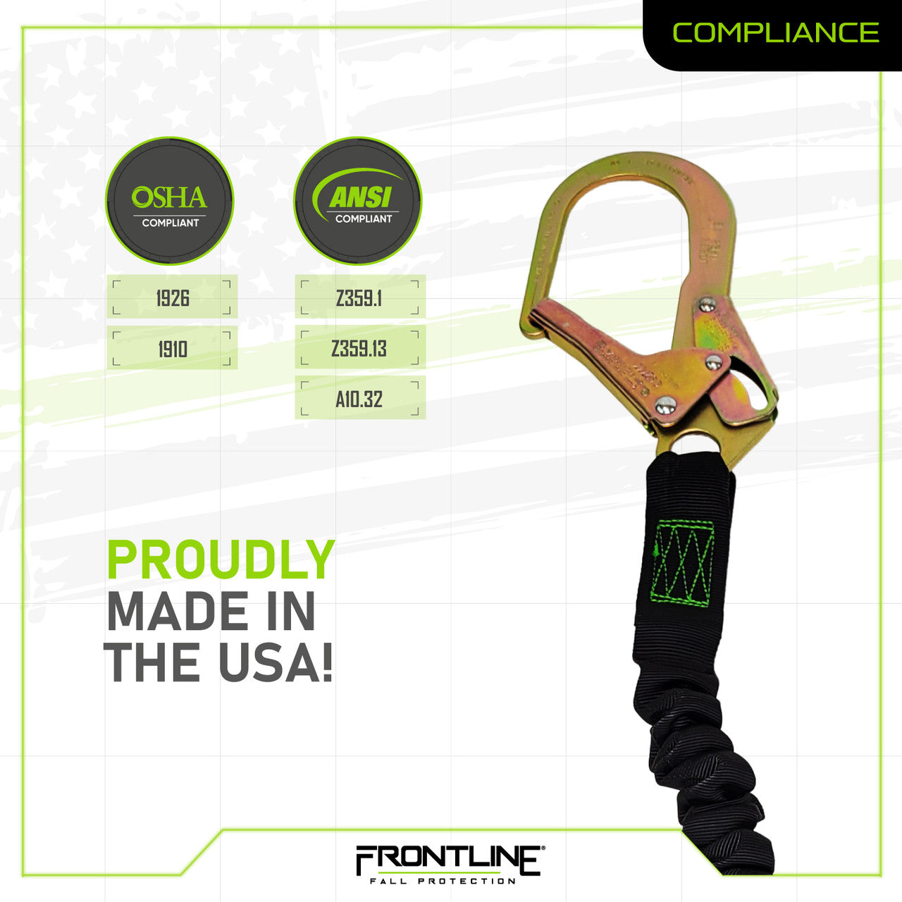 Frontline LES62R-US Patriot 6' Double Leg Elastic Lanyard with Rebar Hook Ends - Made in USA