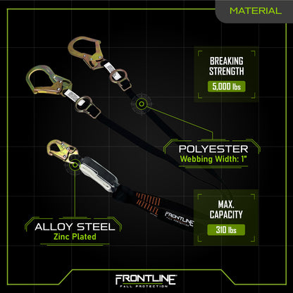 Frontline LPO62RADJ Combat 6' Tie-Back Double Leg Shock Absorbing Lanyard with Rebar Hooks