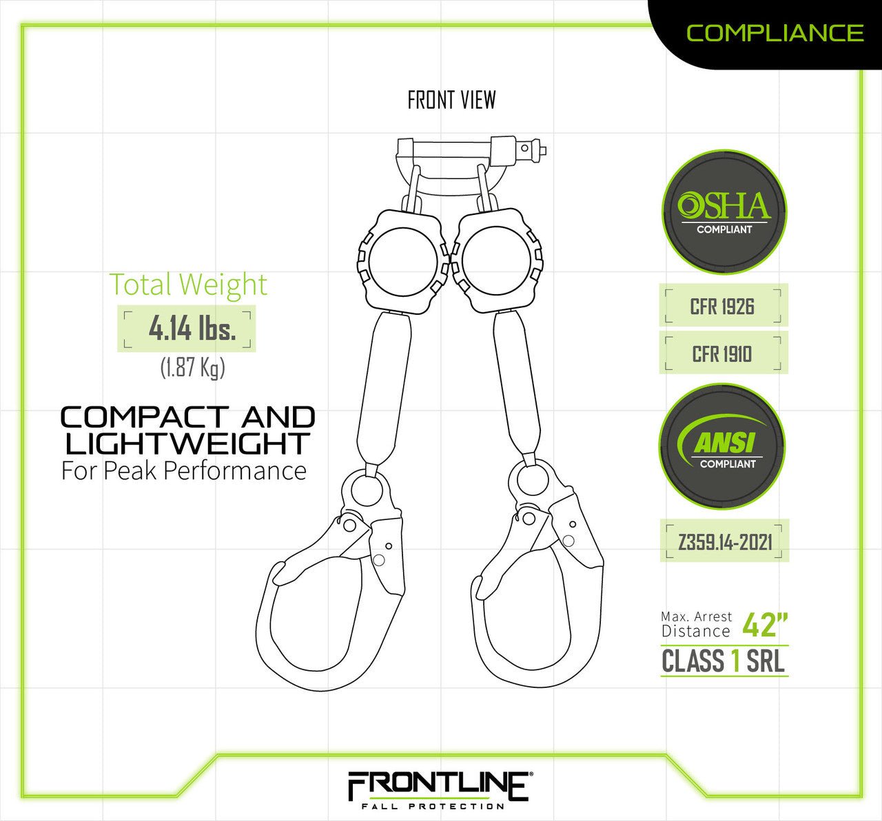 Frontline RPA062R Aramid Fiber Web Twin Leg 6' SRL with Steel Rebar Hook Ends (Class 1)