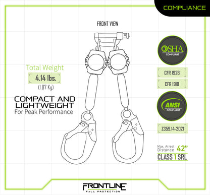 Frontline RPA062R Aramid Fiber Web Twin Leg 6' SRL with Steel Rebar Hook Ends (Class 1)