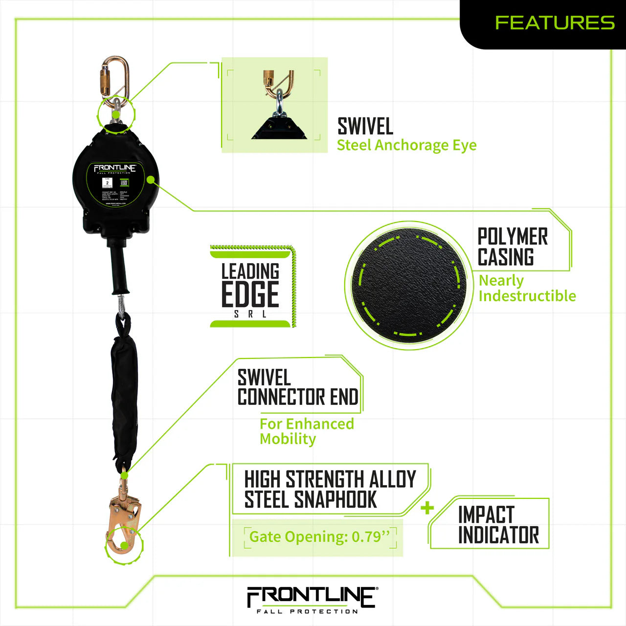Frontline RPGLE Leading Edge Cable Single Leg SRL with Steel Snap Hook End (Class 2)