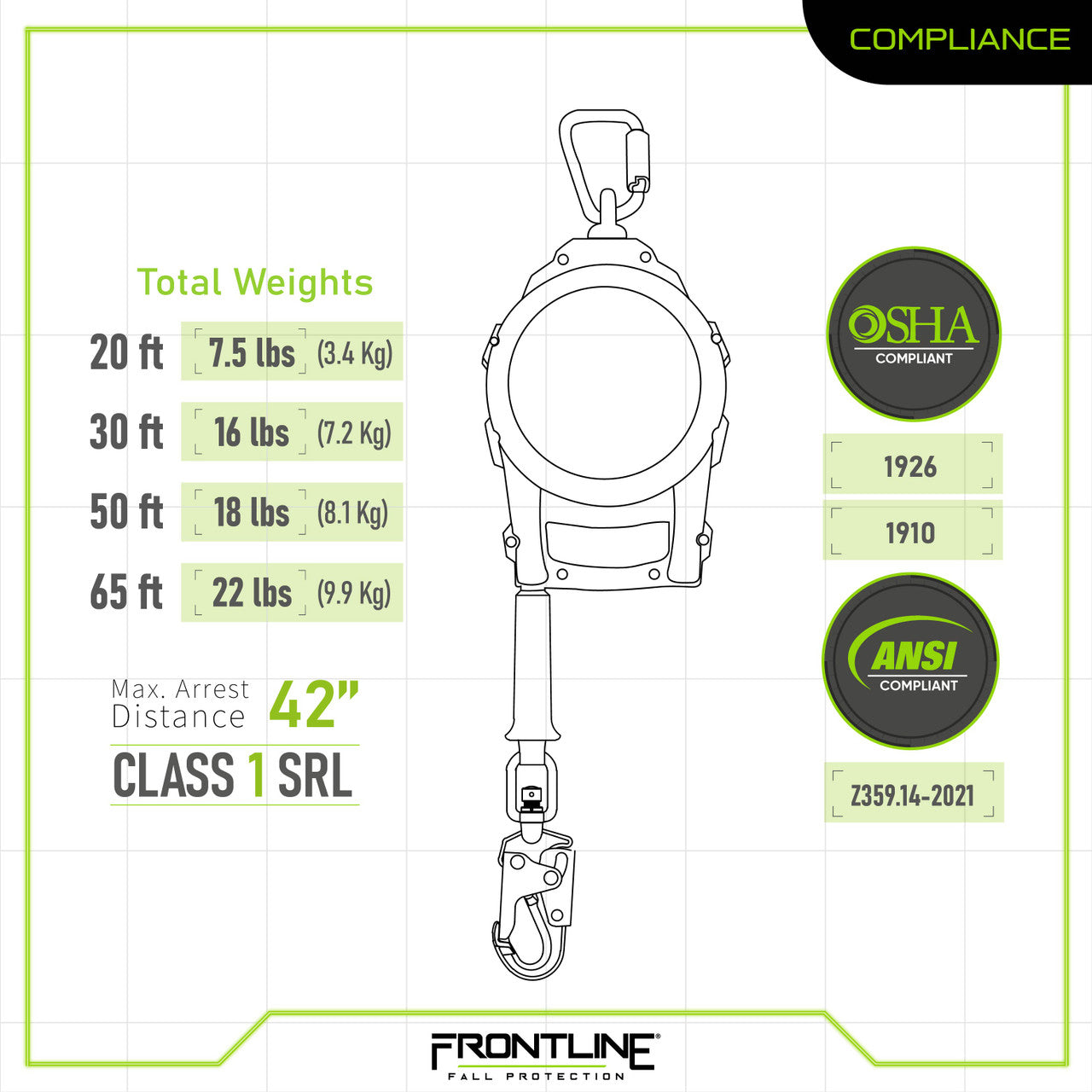 Frontline RPGC Cable Single Leg SRL with Steel Snap Hook End with Carry on Handle and Tagline
