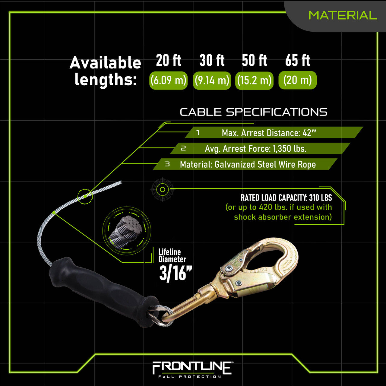 Frontline RPGC Cable Single Leg SRL with Steel Snap Hook End with Carry on Handle and Tagline