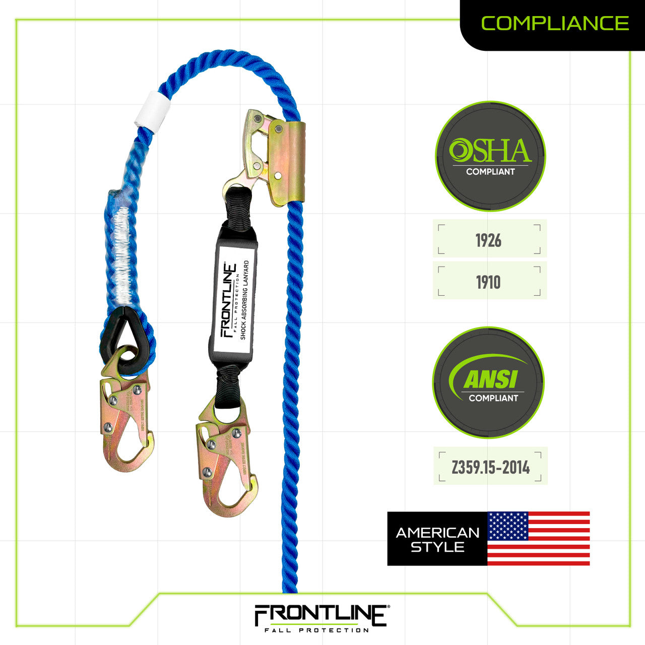 Frontline VLP50R3L-AM American Style Vertical Lifeline with 12" Shock Absorbing Lanyard and Manual Rope Grab (50')