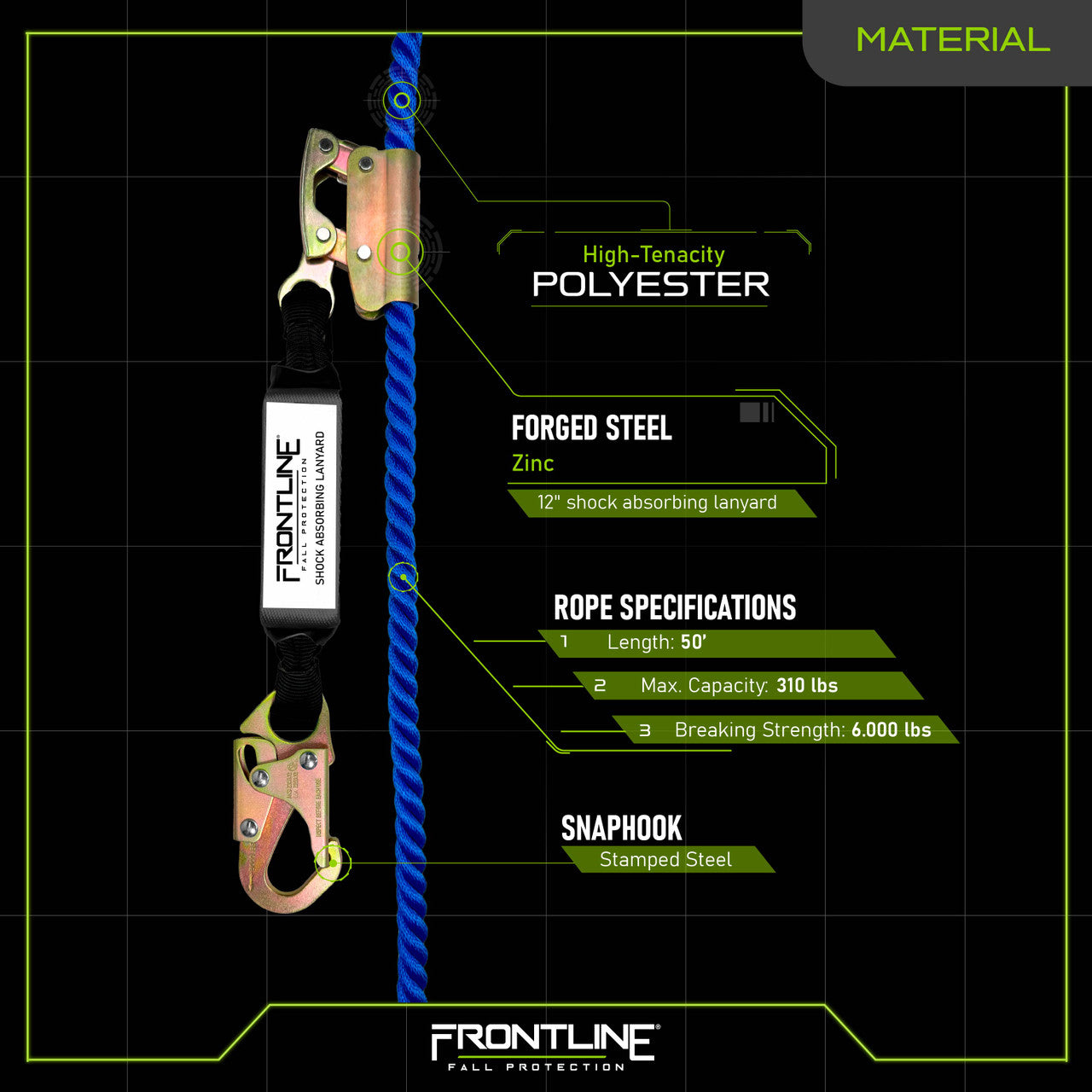 Frontline VLP50R3L-AM American Style Vertical Lifeline with 12" Shock Absorbing Lanyard and Manual Rope Grab (50')