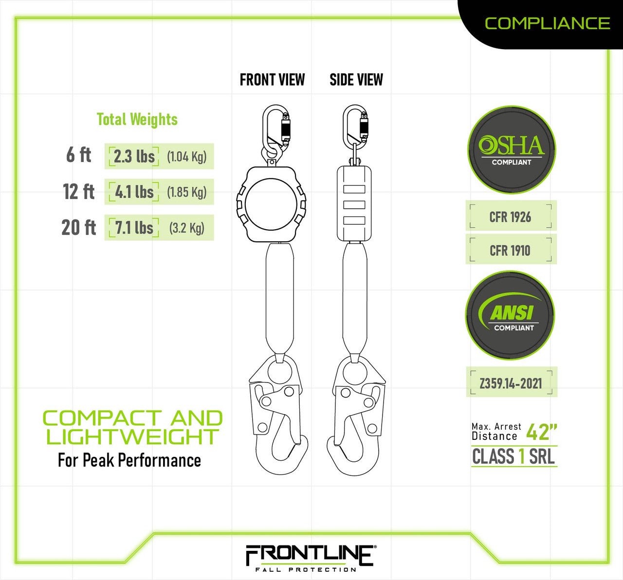 Frontline RPAS Aramid Fiber Web Single Leg SRL with Steel Snap Hook End (Class 1)